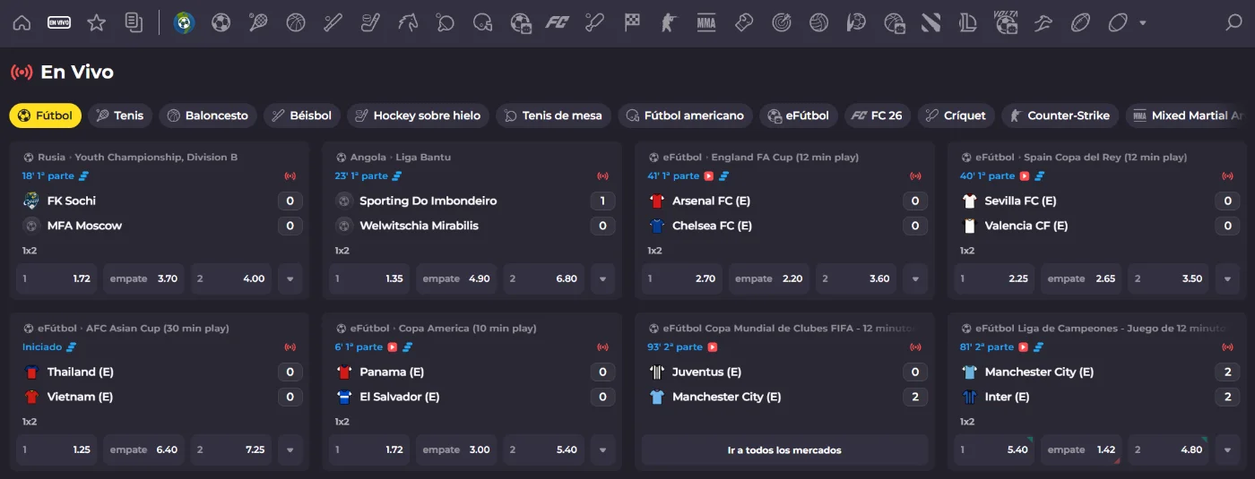 Apuestas deportivas en vivo de Instant Casino con fútbol, tenis, baloncesto y otros deportes