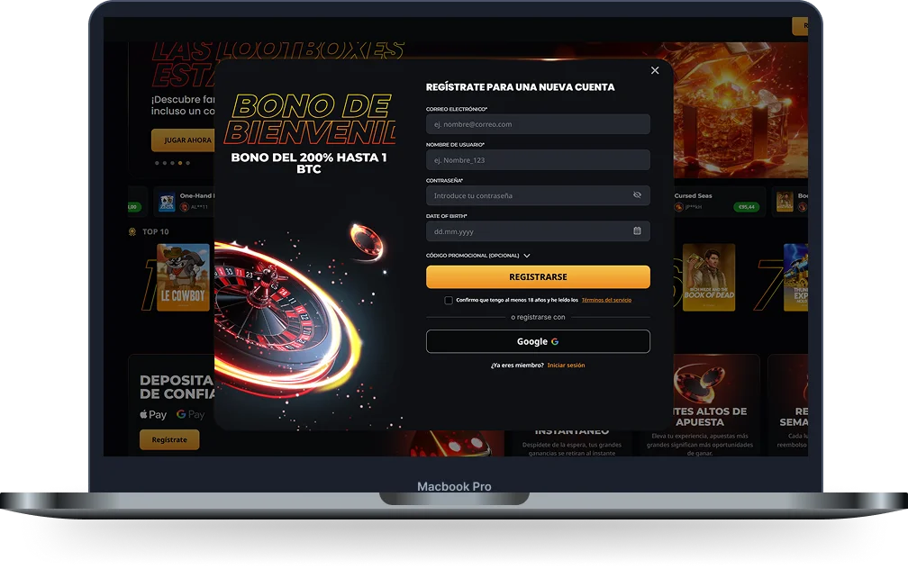 Formulario de registro de Instant Casino con bono de bienvenida en la versión para ordenador