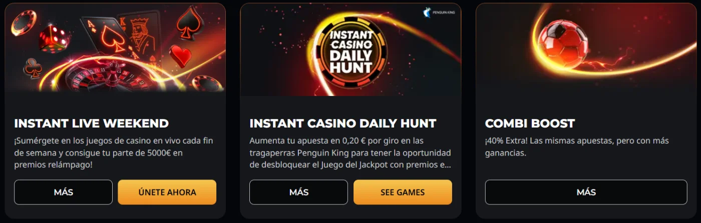 Promociones Instant Live Weekend, Daily Hunt y Combi Boost de Instant Casino