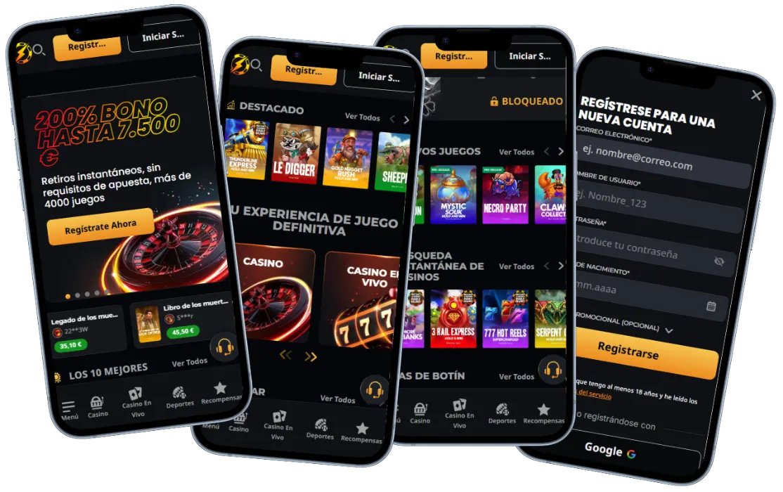 Versión móvil de Instant Casino con juegos, promociones y formulario de registro